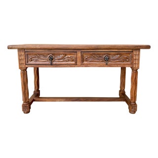 Spanish Walnut Console Table with Carved Drawers, 1920 For Sale