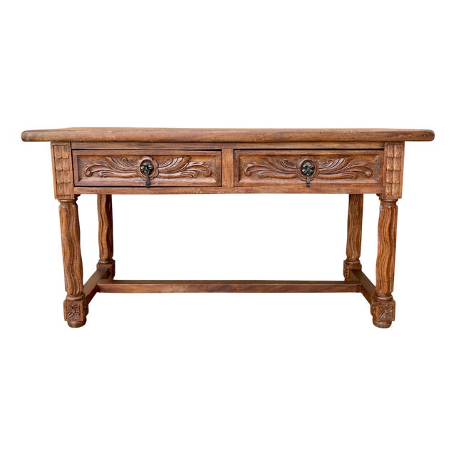 Spanish Walnut Console Table with Carved Drawers, 1920 For Sale