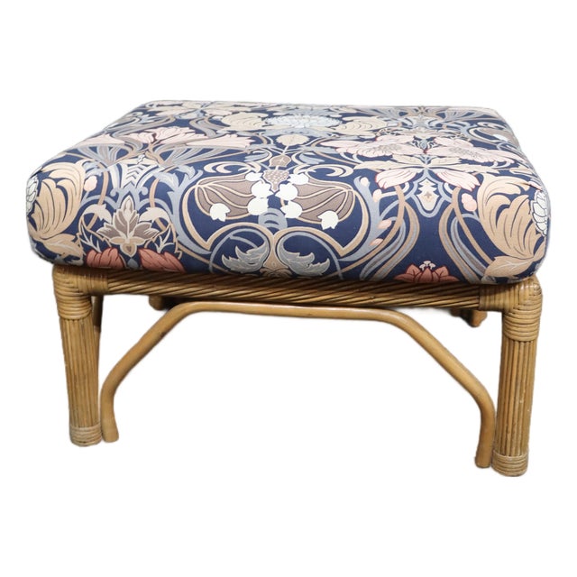 Split Reed Rattan Ottoman With William Morris Style Floral Upholstery For Sale