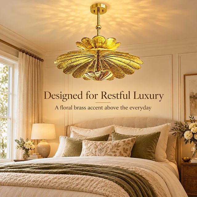 Handmade Brass Flower Ceiling Light, Floral Semi Flush Mount, Hammered Brass Chandelier, Vintage Lotus Ceiling Fixture, Art Deco Lighting For Sale - Image 17 of 18