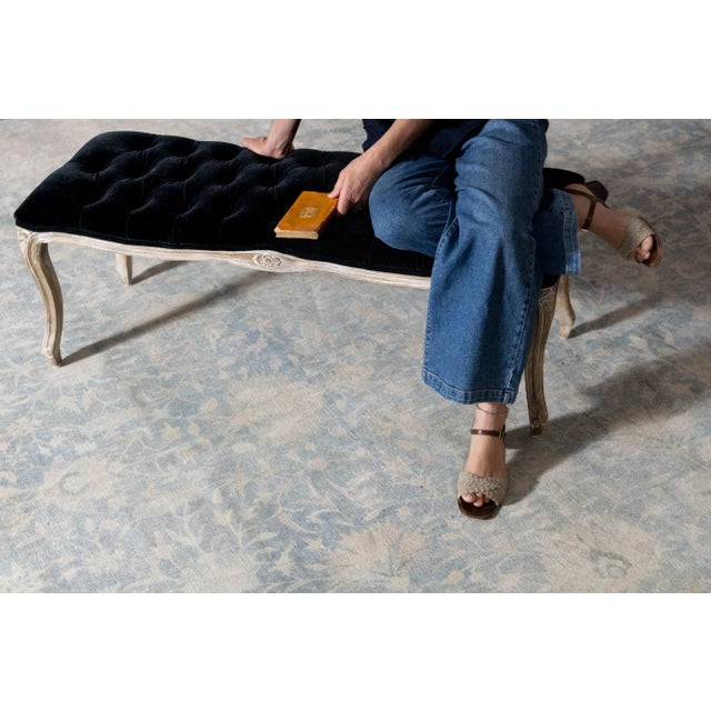 1930s Vintage Allover Floral Botanical Blue Beige Hand-Knotted Wool Rug - 12’9” X 15’8” For Sale - Image 4 of 9