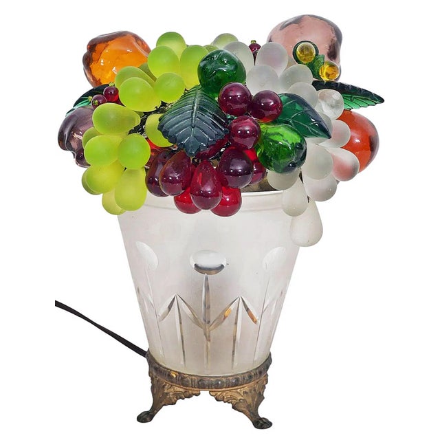 Vintage Czechoslovakia Frosted Glass Fruit Basket Table Lamp For Sale - Image 4 of 5