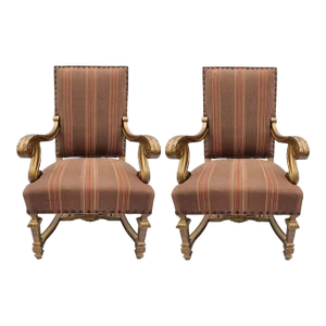 Late 20th Century Pair of Carved High Back Armchairs in the Louis XIV Style