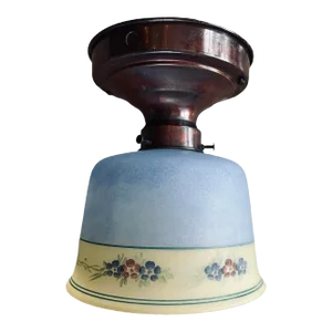 Painted Blue, Rose and Green Flush Mount Glass Shade on Old Bronze Patina Brass Holder, Circa 1920