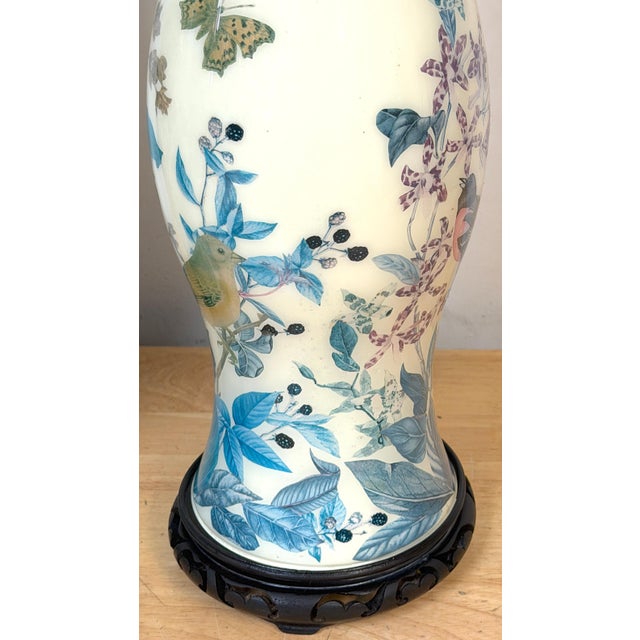 Glass Pair of English Decoupage Yellow-Ground Bird & Botanical Lamps, circa 1970s For Sale - Image 7 of 13