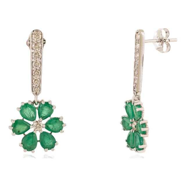 VRJewels 3.33Ct Emerald & Diamond Floral Drop Earrings in 18k Solid White Gold- 2 Pieces For Sale