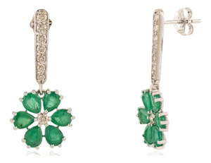 VRJewels 3.33Ct Emerald & Diamond Floral Drop Earrings in 18k Solid White Gold- 2 Pieces