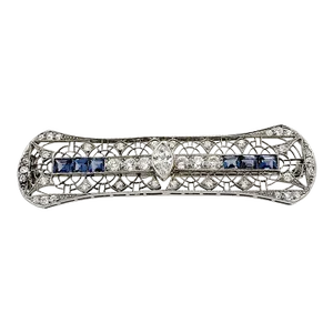 Edwardian Era (1901-1910) Platinum Bar Pin With Diamonds and Sapphires