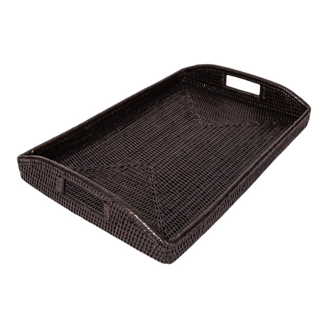 Artifacts Rattan Rectangular Serving Tray with High Handles in Tudor Black - 21" For Sale