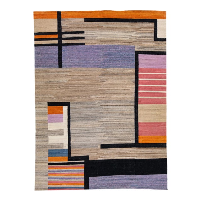 2020s Abstract Contemporary Kilim Wool Rug With Multicolor Field For Sale