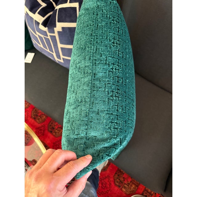 Vivid Green Geometric Sheered Velvet Blend Double Sided Pillow With New Insert For Sale In Miami - Image 6 of 7