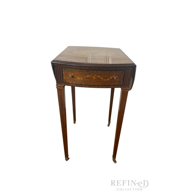 Vintage Maitland-Smith Drop Leaf Side Table With Painted Faux Marquetry, Brass Casters For Sale In Boston - Image 6 of 15