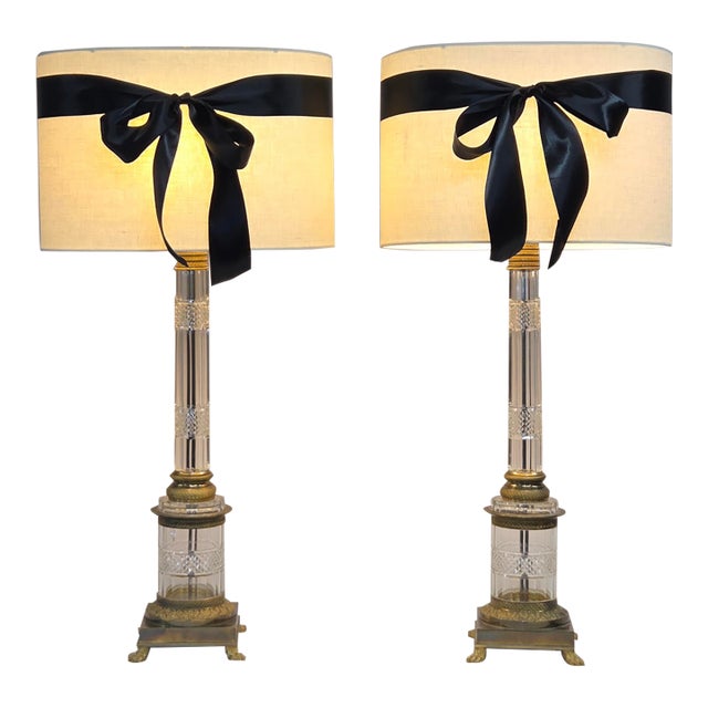 Vintage Crystal and Brass Column Table Lamps - Style of William Kessler Baccarat For Sale