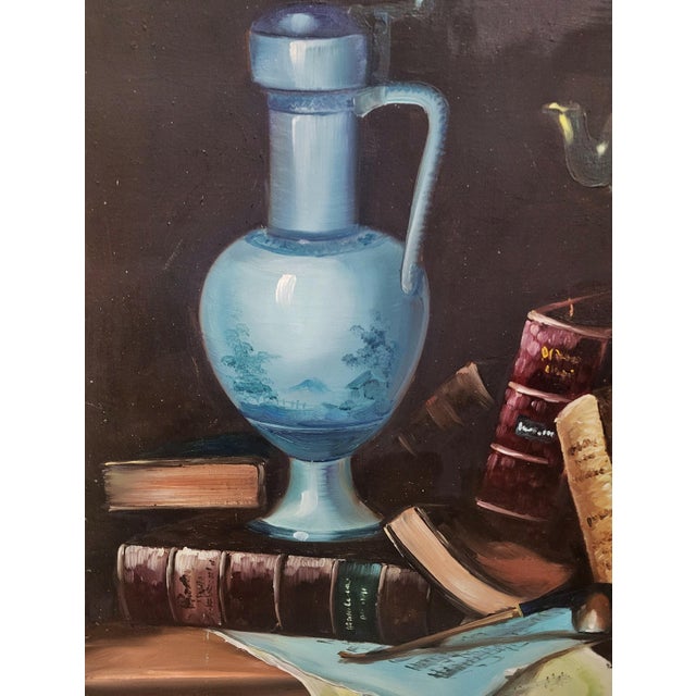 Vintage 20th C Framed Oil on Canvas Music Books & Scroll Still Life Painting by Coral For Sale - Image 4 of 11