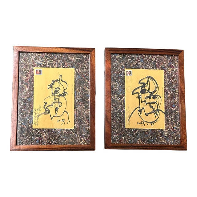 Contemporary Two Original Wayne Cunningham Abstract Marker Drawings on Vintage Envelopes- Set of Two For Sale