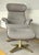 Timeless Mid-Century Eames Style Italian White Leather Lounge Chair and Ottoman, dark taupe wood frame, brass metal base,...