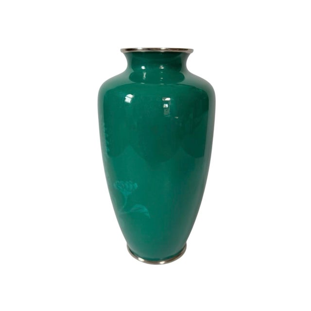 Mid 20th Century Japanese Cloisonné Jade Green Enamel Vase / Urn - 10” For Sale - Image 4 of 11
