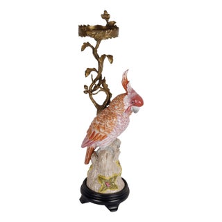 Coral Parrot Candlestick in Porcelain and Straight Bronze by Gand & C For Sale