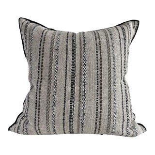 Custom Made French Linen Pillow Natural Linen With Black Embroidered Stripe For Sale