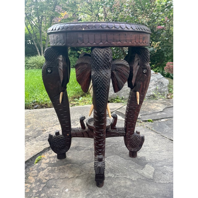 Antique Anglo-Indian Hand-Carved Elephant Side Table With Bone Inlay For Sale In Philadelphia - Image 6 of 18