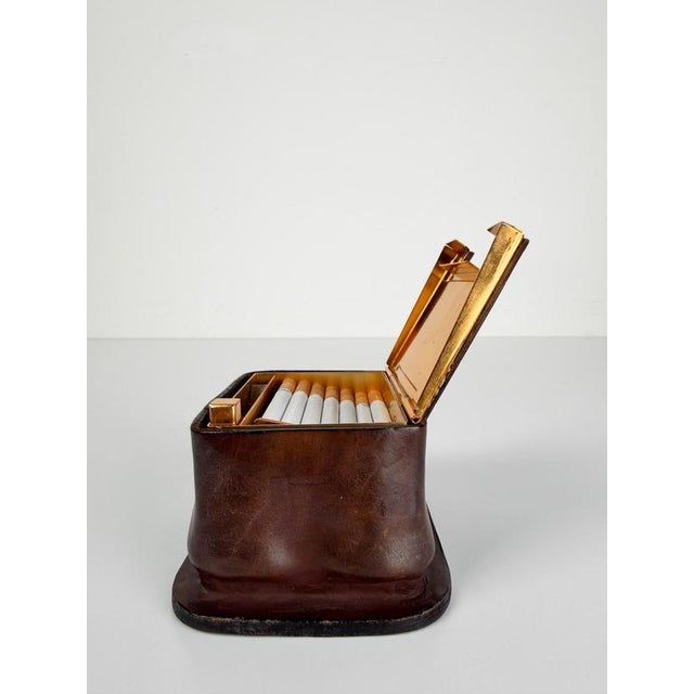 Vintage Italian Leather and Gilt Aluminum Cigarette Dispenser Box in the style of Jacques Adnet, 1950s For Sale - Image 17 of 18