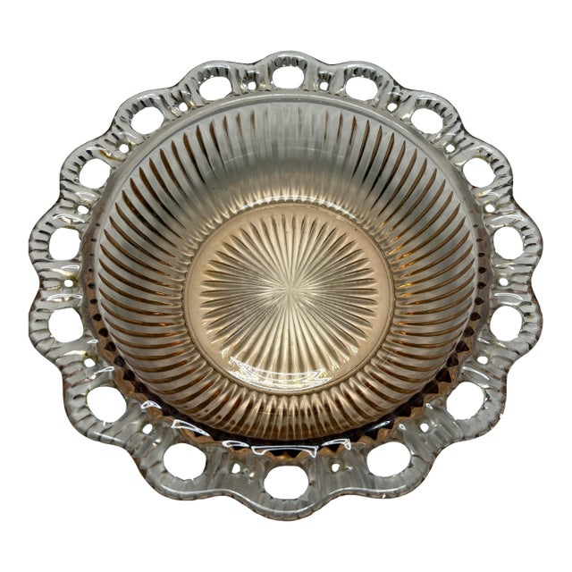 Vintage Peach Pink Openwork Depression Glass Serving Bowl With Ribbed Sides & Starburst Bas For Sale