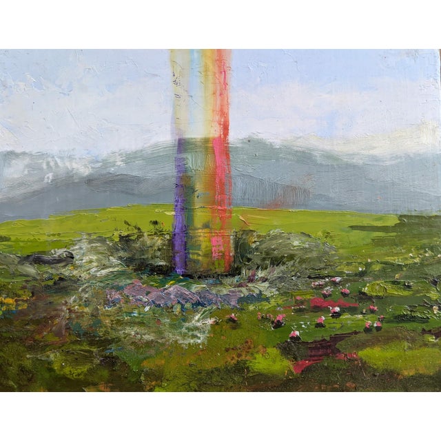 Rainbow Hole by Caitlin Hurd | Oil on Wood Abstract landscape with a rainbow and flowers. For Sale