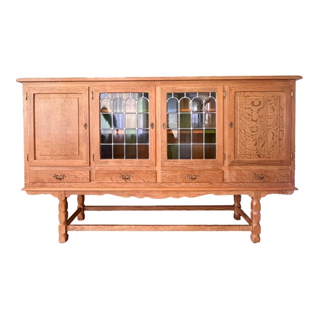 Mid-Century Danish Oak Leaded Stained Glass Sideboard For Sale