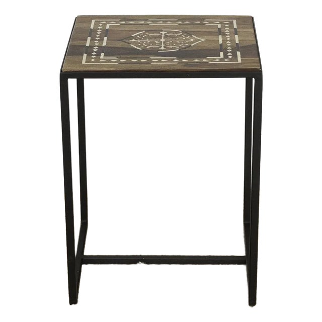 Modern Iron & Inlaid Wood Side Table For Sale
