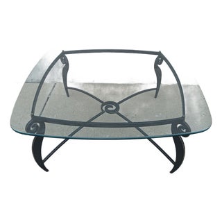 Vintage French Style Decorative Hand Forged Wrought Iron Metal Base With a Clear Glass Top With Polished Edge For Sale