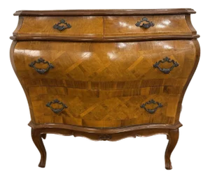 Italian Parquet Burl Wood Bombe Style Chest of Drawers