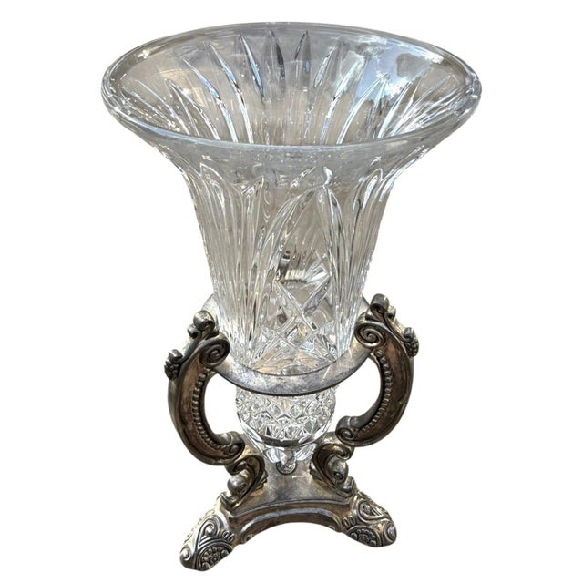 Vintage Godinger Cut Crystal Urn Vases Silverplate Ornate Stands Pair 11" For Sale In Dallas - Image 6 of 10
