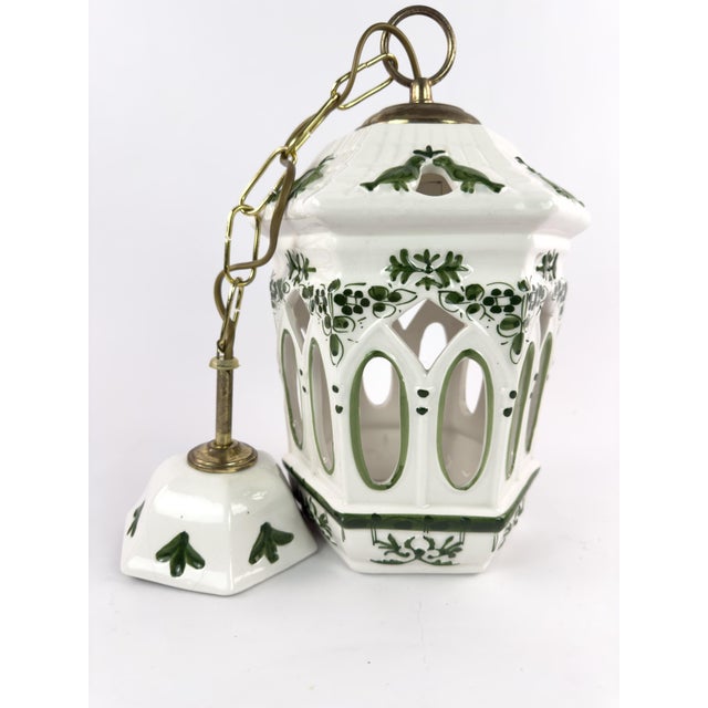 Mid-Century Modern Vintage French Ceramic Pendant Light With Hand-Painted Green Birds For Sale - Image 3 of 18