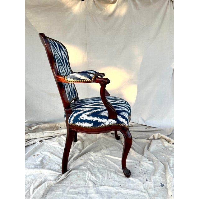 Late 19th Century English Mahogany George III Style Open Arm Chair Upholstered in a Navy and White Chevron Fabric For Sale - Image 4 of 7
