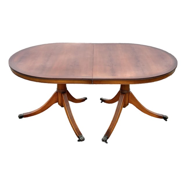 Yew Wood Double Pedestal Duncan Phyfe Style Dining Table For Sale