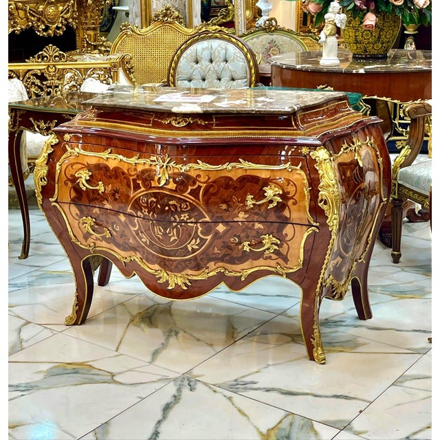 Rococo Marble Top Dresser With Hand-Carved Wood Frame, Two Spacious Drawers & Hand-Gilded Gold Leaf Details For Sale - Image 4 of 4