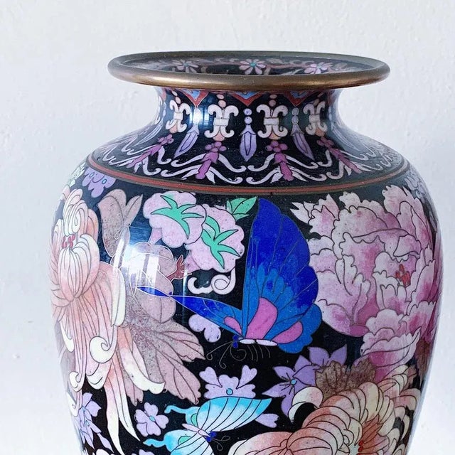Late 19th Century Late 19th Century Chinese Cloisonné Vase of Peonies and Butterflies on Black of Pink Blue Purple Enamel and Brass - a Pair For Sale - Image 5 of 7