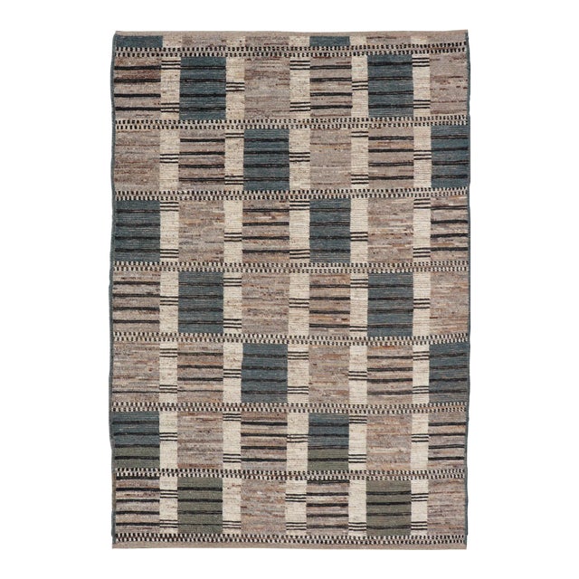 Tribal Design Rug With Checkered Pattern in Teal, and Brown by Keivan Woven Arts For Sale