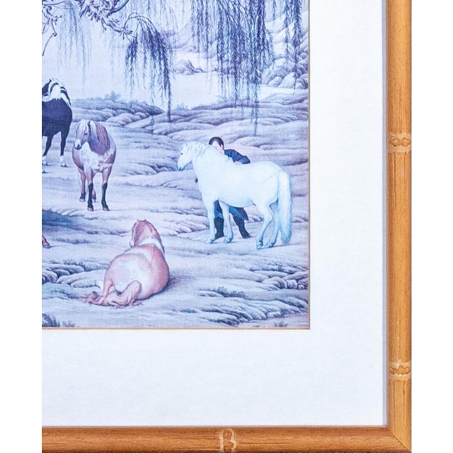 Cornflower Blue Late 20th Century Framed Giuseppe Castiglione Eight Horses Chinoiserie Print in Faux Bamboo Frame For Sale - Image 8 of 16