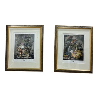 J. Pocker Nyc Framed Large Hand Colored Mezzotint Engraving Botanical Prints After Jon Van Huysum For Sale