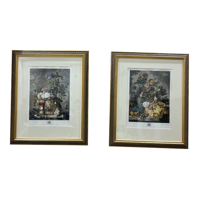 J. Pocker Nyc Framed Large Hand Colored Mezzotint Engraving Botanical Prints After Jon Van Huysum For Sale