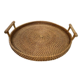 Vintage Round Woven Rattan Tray With Wood Handles For Sale