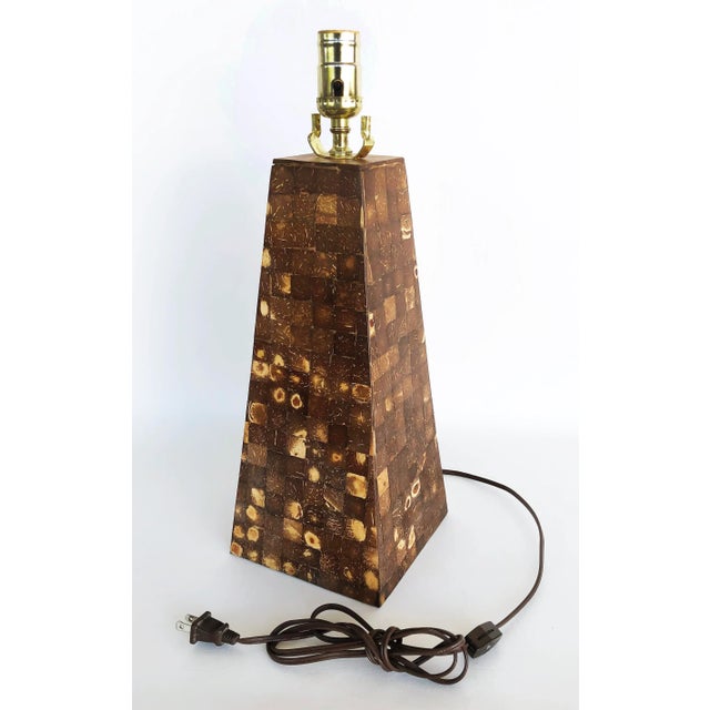 Vintage Tessellated Coconut Shell Table Lamp Offered for sale is a vintage tapered column form table lamp that this clad...