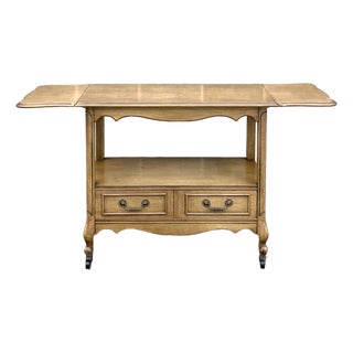 Vintage French Louis Xv Blond Walnut 2 Drawer Drop Leaf Rolling Serving Cart or Bar Cart For Sale