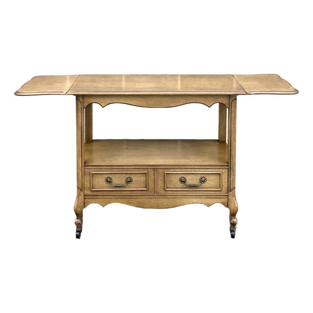 Vintage French Louis Xv Blond Walnut 2 Drawer Drop Leaf Rolling Serving Cart or Bar Cart For Sale