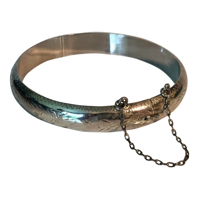 1980s Sterling Silver Etched Bangle With Safety Clasp For Sale