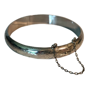 1980s Sterling Silver Etched Bangle With Safety Clasp