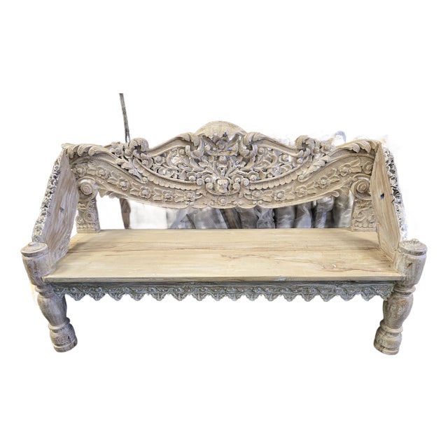 Reclaimed Whitewashed Solid Wood Bench With Floral Carvings For Sale