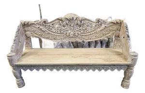 Reclaimed Whitewashed Solid Wood Bench With Floral Carvings