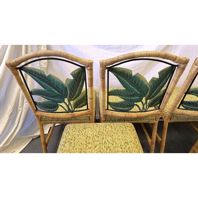 Vintage McGuire Style Rattan Wrapped Dining Chairs With Banana Leaf Back Detail- Set of 6 For Sale - Image 12 of 18